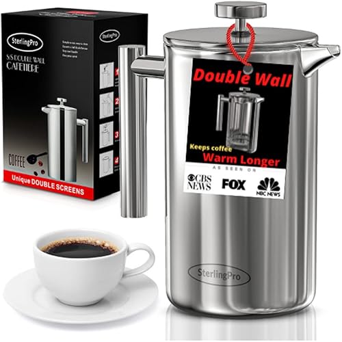 Prensa de café francesa de acero inoxidable y doble pared de SterlingPro Acero inoxidable acabado de espejo 2L