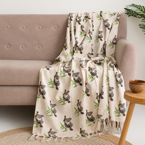 Image of Handblock Printed 100% Cotton 50x70 Inch Sofa Throw for Couch Breathable Lightweight & Decorative Living Room Blanket (Koala with Plant Print)