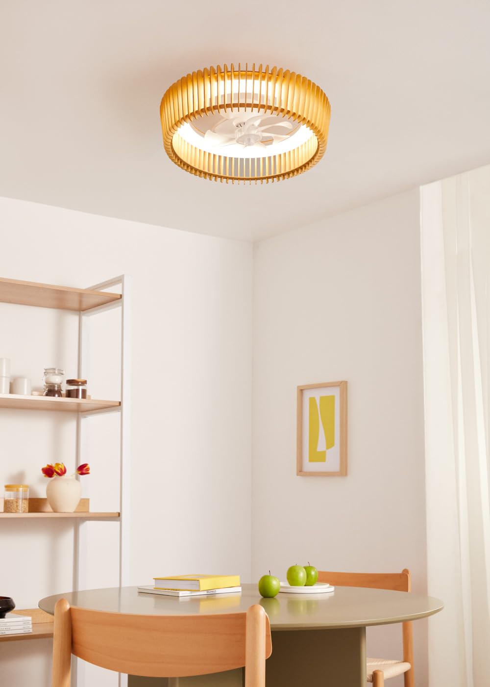 CREATE / WIND CRAFT/Ventilador de techo con luz blanco madera clara con mando / 20W, Programable, Ø58 cm, 6 velocidades, 3 temperaturas de luz, aspas direccionales, función verano-invierno