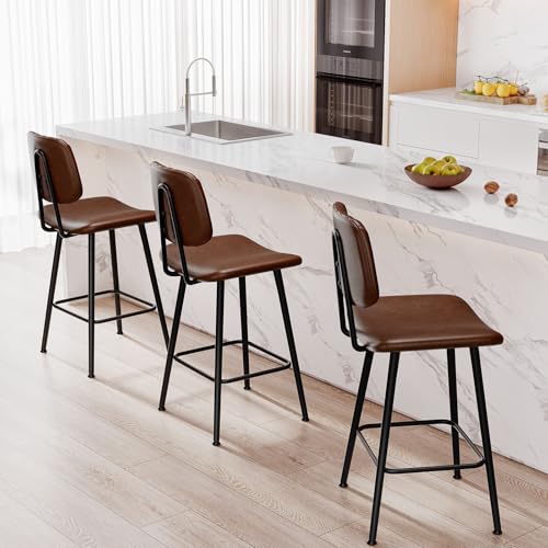 Image of Raynesys 24-Inch Leather Bar Stools Set of 4 with High Backrest, Dark Brown