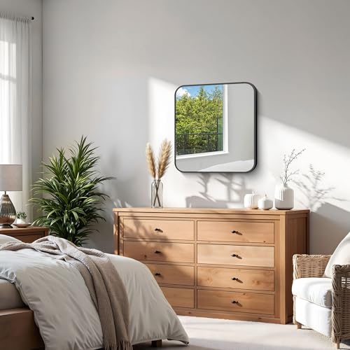 Image of KOCUUY Square Bathroom Mirror, 24 inchx24 inch Black Rectangle Vanity Mirror, Black Metal Frame Mirror with Rounded Corner for Bathroom, Bedroom, Living Room, Entryway