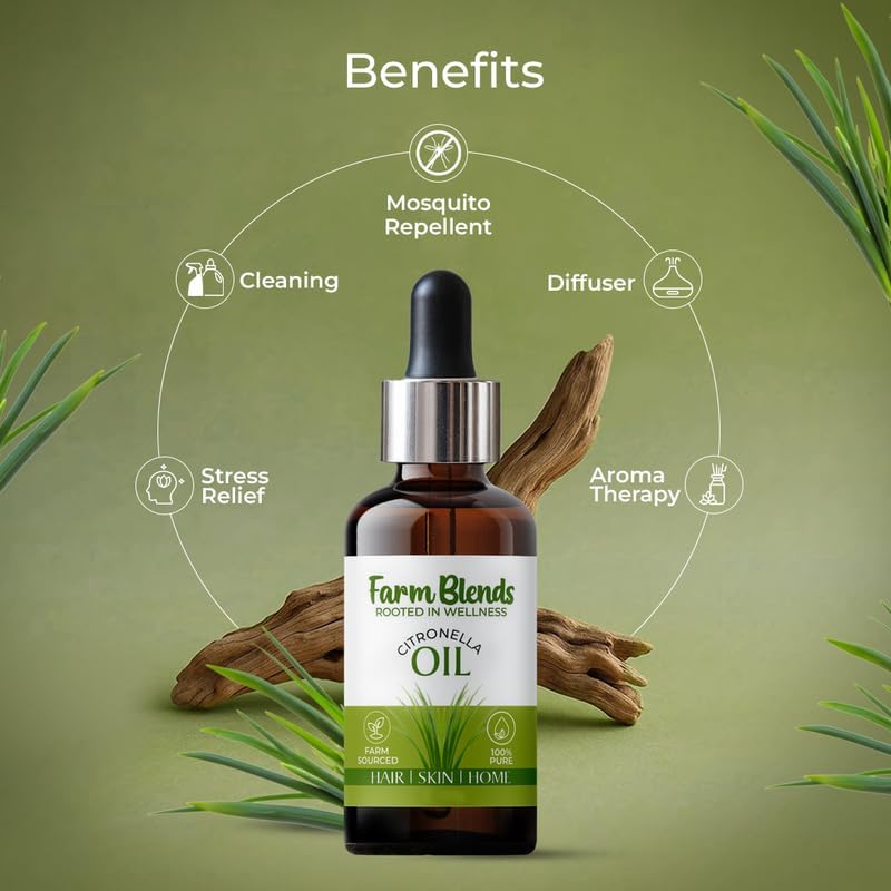 Image of Farm Blends Citronella Essential Oil | 100% Undiluted Pure | Natural Mosquito Repellent, Anti Acne, Anti Dandruff, Removes Bad Odor, Diffuser | Farm To Home | Cymbopogon winterianus | 10ML + 10ML (Pack of 2)
