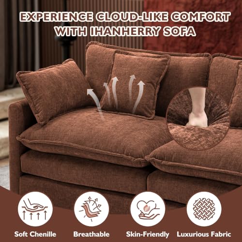 Image of Ihanherry 111.4 Inch 3-Seater Cloud Sofa, Modular Sectional Couch, Modern Deep Seat Sofa for Living Room, Comfy Double Layer Upholstered Seat Cushion, Breathable Chenille Fabric, Brick Red