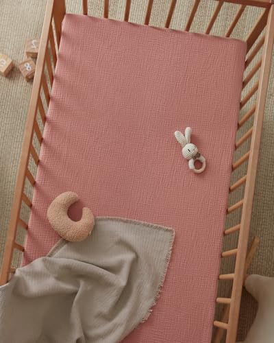Image of Blissful Diary Muslin Crib Sheets, 2 Pack, Dusty Pink & Rainbow | fitted for 52''x28'' crib mattress, soft and breathable cotton, boho style, easy care for machine wash, gift for boy and girl