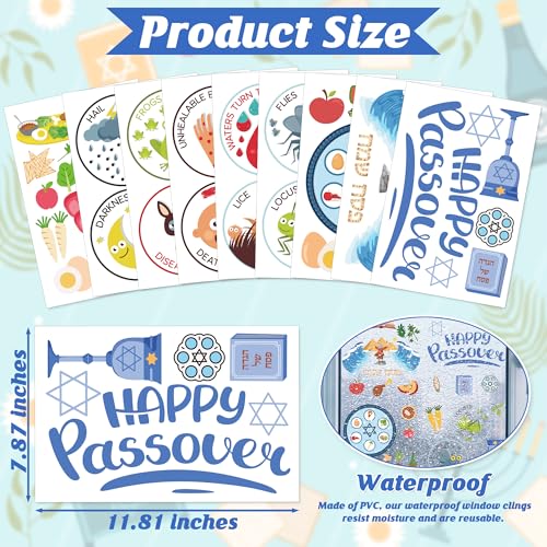 Image of 63 PCS Passover Decorations, 9 Sheets Colorful Passover Window Clings with Seder Plates Stars of David Eggs Red Wine Patterns, Double-Sided Jewish Decor for Pesach Party Supplies Home School