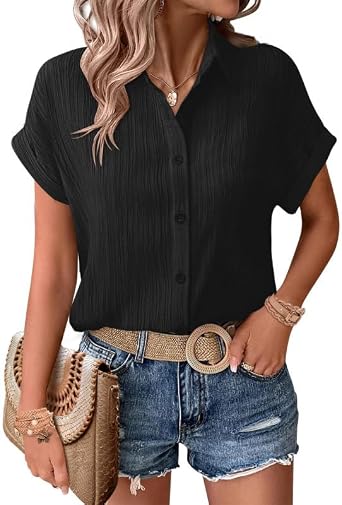 Women Button Down Shirt Short Sleeve Dressy Shirt Summer V Neck Collared Button Up Tops Loose Work Business Blouse