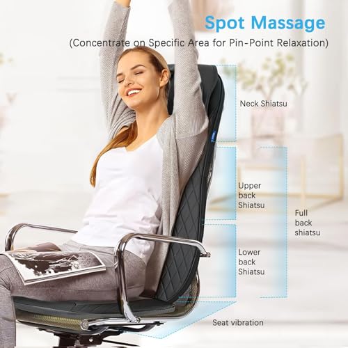 Image of CuPiLo Shiatsu Neck & Back Massager with Heat, Massage Chair Pad Cushion for Stress Relief, Inflatable Flaps Back Support, Kneading or Rolling Chair Seat Massage