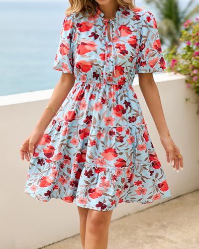 Image of BTFBM Women Summer Floral Short Dresses V Neck Short Sleeve Tiered Ruffle Boho Swing Dress A-Line Mini Dresses