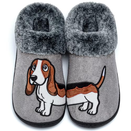 GURGER Zapatillas de Estar por Casa Hombre Mujer Invierno con Forro de Peluche Diseño Bordado de Perro Animales Pantuflas Antideslizantes Cómodas, Gris 38 39