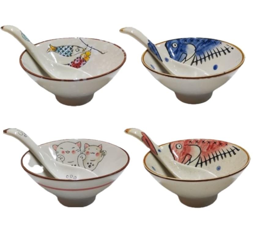 Ceramic Japanese Chinese Style Rice Bowls Cat & Fish Design with Matching Spoons - Set of 4