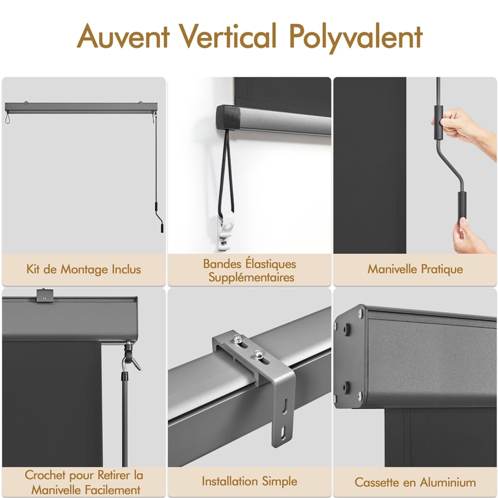 Yaheetech Store Enrouleur 250 × 160 cm Store Vertical Store Occultant avec Manivelle pour Protection Solaire Balcon Terrasse Restaurant Jardin Café Gris Foncé