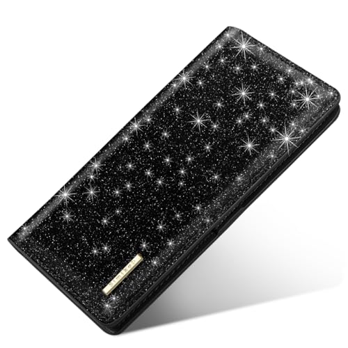Simikol Ultra Slim Womens Wallet Minimalist Thin Long Leather Bifold Wallet RFID Blocking Card Holder Organizer with Zipper Coin Pocket Ladies Girls Gift Purse, Glitter Black