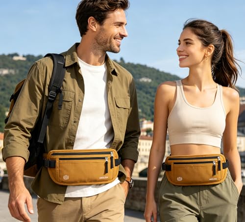 Image of RFID Blocking Money Belt - Passport Holder & Travel Wallet, Slim Hidden Fanny Packs for Women Men - Gold