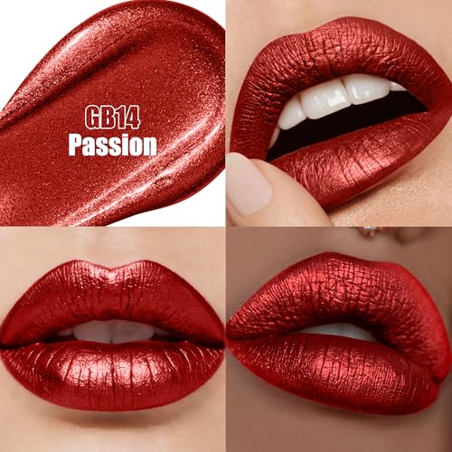 Image of Dark Red Metallic Lipstick and Lip Liner Combo Glitter Lipsticks for Women | 2in1 Metallic Lip Gloss Shimmer Stain Waterproof Smudgeproof Long Lasting Lipsticks,GB14 Passion