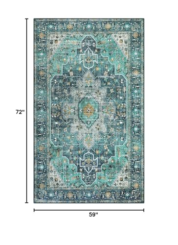 Moynesa Ultra-Thin Washable Vintage Area Rug - 5x7 Large Living Room Rug Boho Oriental Medallion Bedroom Mat Non-Slip Non-Shedding Dining Room Floor Carpet for Home Office, Teal/Mutil