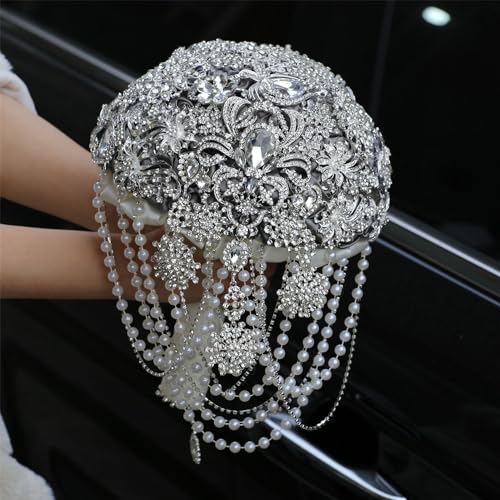 Image of MaxxCloud Luxury Gatsby-Inspired Vintage Wedding Golden Brooch Bouquets Handmade Sliver Bling Glam Wedding Bridal Bouquet