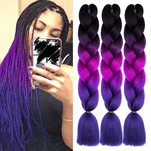 3Packs Ombre Jumbo Braiding Hair 24 Inch Ombre Braiding Hair Extensions Synthetic High Temperature Fiber Jumbo Box Crochet Braids for Women(Black/Purple/Blue)