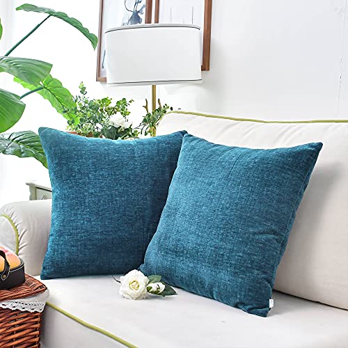 Image of CaliTime Pack of 2 Cozy Throw Pillow Covers Cases for Couch Sofa Home Decoration Solid Dyed Soft Chenille 12 X 12 Inches Ocean Blue