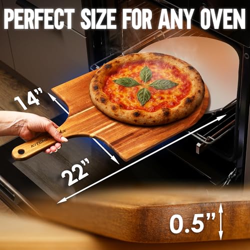 Image of KitchenStar 14-Inch Acacia Wood Pizza Peel - Large Wooden Cutting & Serving Board with Handle - Natural Oil Finish - Ideal Pizza Oven Accessory for Easy Sliding & Prep