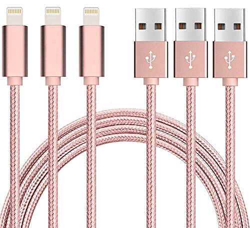 < 3 Unidades & 3M > Cargador iPhone Sync Cable Lightning,YooGoal Cable iPhone de Carga Lightning a USB Cable Cargador iPhone de Nylon para iPhone X 8 8Plus 7 7Plus 6 6s Plus 5 SE 5S iPad & iPod - Pink