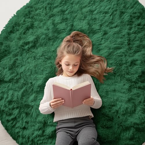 OLANLY Dark Green Round Rugs for Bedroom - Machine Washable, 5 ft Circle Area Rugs for Living Room, Soft and Fluffy Shaggy Carpet for Teen Girls and Boys, Nursery Rooms, Dorms, Home Decor Aesthetic