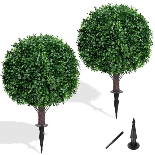 Yangrass Artificial Boxwood Topiary Ball Tree Set of 2, UV Resistant Artificial Outdoor Shrubs with Spike, Decorative Evergreen Fake Topiary Bushes Plant for Front Porch Garden