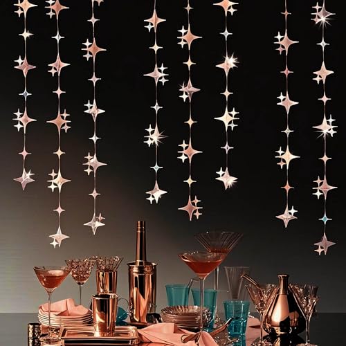 Image of Glitter Rose Gold Four-Angle Star Paper Garland Banner Decor 40 Feet Twinkle Rose Gold Star Hanging Bunting Banner Backdrop for Wedding Baby Shower Birthday Graduation Disco Party Decorations
