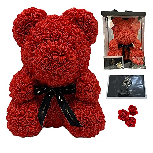 Weanyy Rose Bear with Bow tie-16 inch Fully Assembled Flower Teddy Bear - Gift for Valentine’s Day,Birthday,Anniversary & Bridal Showers-Clear Gift Box(Red,16inch)