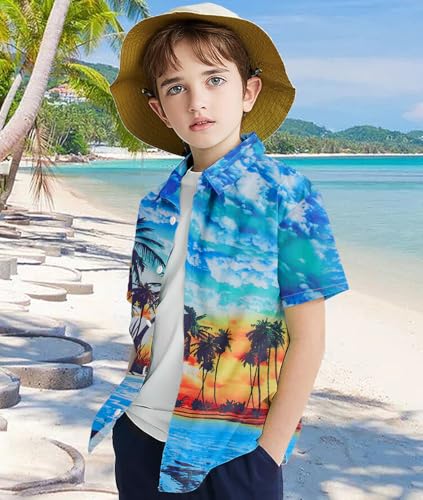 Image of uideazone Boys Hawaiian Shirts Novelty Printed Funky Short Sleeve Button Down Shirt Kids Aloha Luau Shirt 7-14T