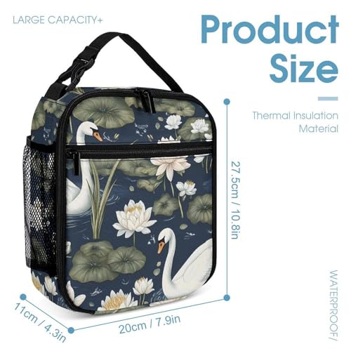 Peaceful Swans Water Lilies Pattern Travel Backpack Lunch Box Pencil Case 3Pcs Set for Men Women Office Outing University4