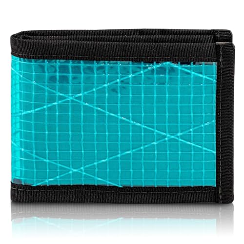 Image of Flowfold Vanguard Recycled Sailcloth Bifold Wallet | Slim and Durable with Cash pocket, Two Hidden Card Pockets and Two ID Windows | Holds 10-12 Cards | Minimalist Wallet Made in USA | Cyan Sailcloth