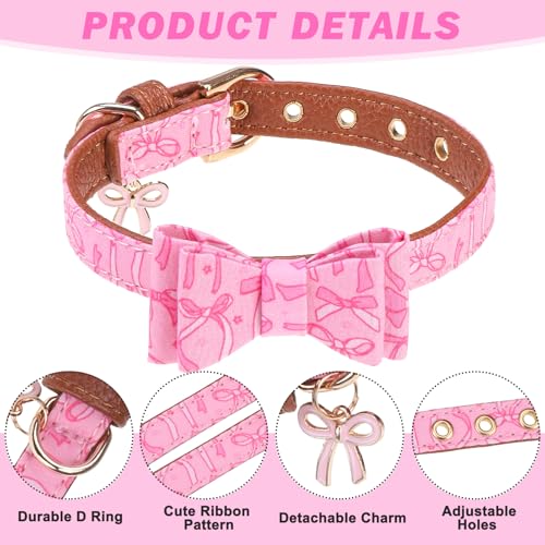 Image of EXPAWLORER Dog Collar and Leash Set - Pink Bowknot Dog Bow Tie and Dog Bandana Collar with Bell, Dog Leash Tangle Free, Adjustable Collars for Small Medium Large Dogs Cats, Holiday Ideal Gift, S