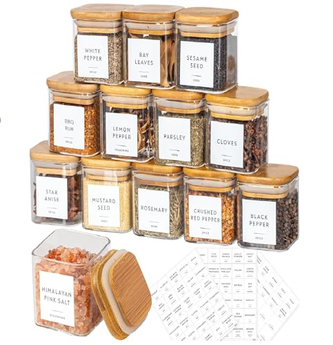 Image of Spice Jars with Airtight Bamboo Lid | 220 ml Glass Spice Bottles, Seasoning Containers for Salt, Sugar, Coffee Beans | Set of 12 square Jars with Wooden Lids | with spice masala lables