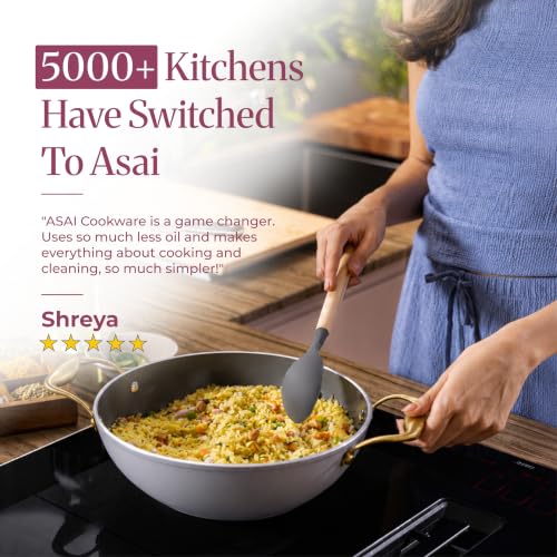 Image of Asai Ceramic Non Stick Kadai 26cm (3.5L) with Glass Lid & Spatula | Grey | Swiss Ceramic Coating | Gas & Induction Compatible | Stay-Cool Handles | Lab-Tested | 100% Toxin Free | Silicone Spatula