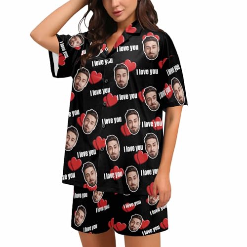 Custom Face Satin Pajama Set for Couple Personalized Photo V-Neck 2 Pieces Pajamas Loungewear Sleepwear Short Sets4