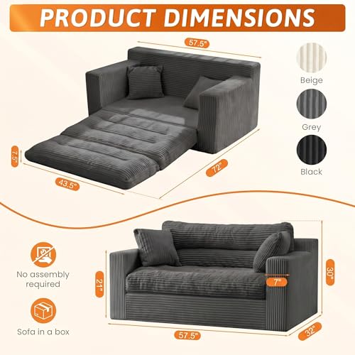 Image of Erament Boneless Loveseat Sofa Couch, 2 in 1 Convertible Sofa Bed with Pillows, Fold Out Bean Bag Chair Boneless Floor Couch for Living Room Bedroom Office Lounge Apartment, No Assembly Needed, Grey