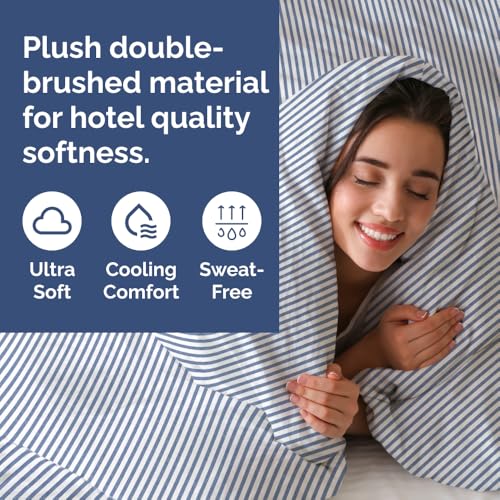 Image of Duvet Cover Cal King Size Set - Extra Soft Cal King Duvet Cover 104 inch x 98 inch with 2 Pillow Shams for Women, Men, Kids & Teens - Comfy, Breathable, Hotel Luxury w / Zipper Closures & Ties (Blue Stripes)