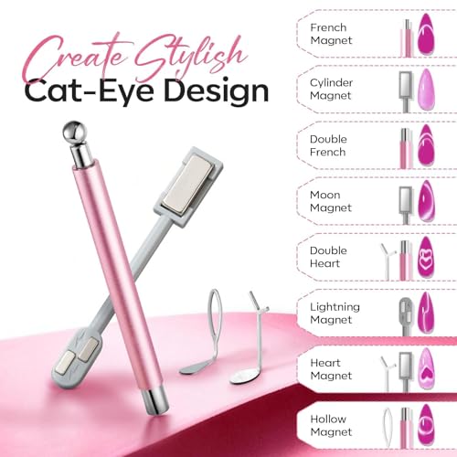 modelones Cat Eye Gel Polish Nail Magnet, 3-in-1 Cat Eye Magnet Pen & Heart-Shaped for Nail Art Tool Cylindrical & Ball &Lightning Circle Cat Eye Magnet for Cateye Gel Polish DIY Salon 5pcs
