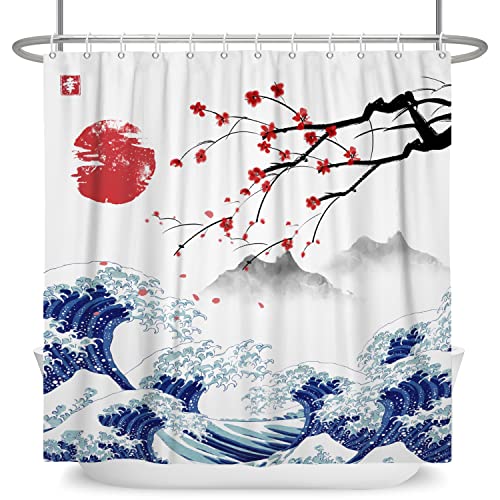SDOTPMT 180x180cm Japanese Mount Fuji Shower Curtain Cherry Blossom Sunset Asian Ink Painting Bath Curtain Wave Landscape Painting Bathtub Curtain for Bathroom Decor Fabric Waterproof with Hooks - Image 4