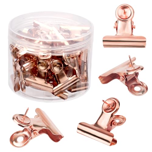 30pcs Punaises Clips, Pinces Bulldog avec Punaises Métal Porte-Punaises Accessoires pour Tableau d'Affichage Tableau en Liège pour Mur Box Bureau à Domicile (Or Rose)