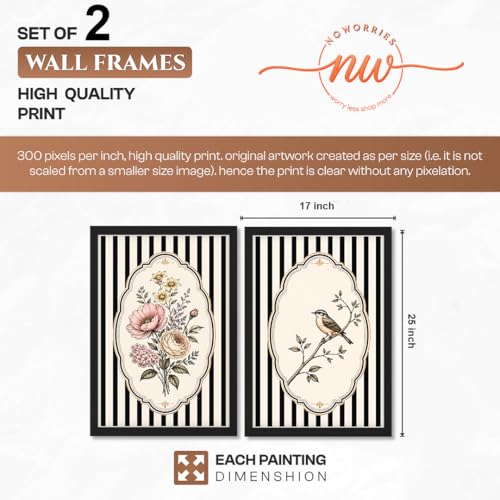 Image of NoWorries Vintage Floral & Bird Wall Art Set of 2 Framed Prints for Living Room Bedroom Office | Black Stripe Botanical Wall Decor with Wooden Frame (Art-10, 17x25inch)