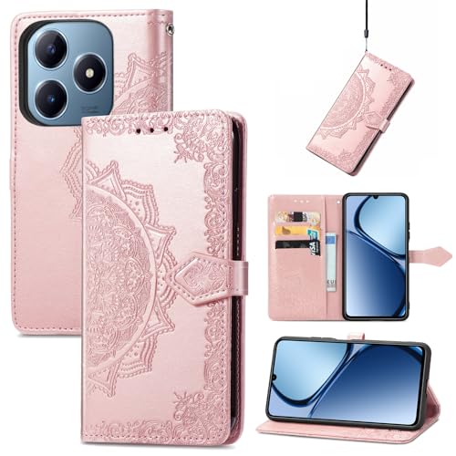 Fertuo Funda para Realme C63 / C61 / Realme Note 60, Carcasa Libro con Tapa de Cuero Piel con Ranuras de Tarjeta, Soporte, Cierre Magnético [Mandala] Wallet Case Flip Cover, Oro Rosa