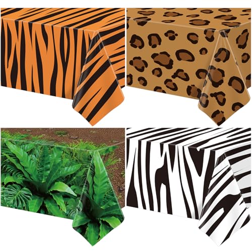 TYXIVO 4Pcs Animal Safari Tablecloth Animal Print Table Cloths Rectangular Leopard Tiger Leaf Print 51x 86 Inch Table Cover for Zoo Safari Baby Showers Jungle Theme Birthday Decorations