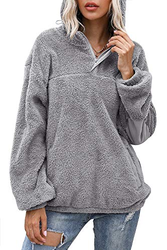 Yanekop Womens Fuzzy Fleece Sweatshirt Sherpa Quarter Zip Pullover Oversized Hoodie with Pockets(Light Grey,3XL)