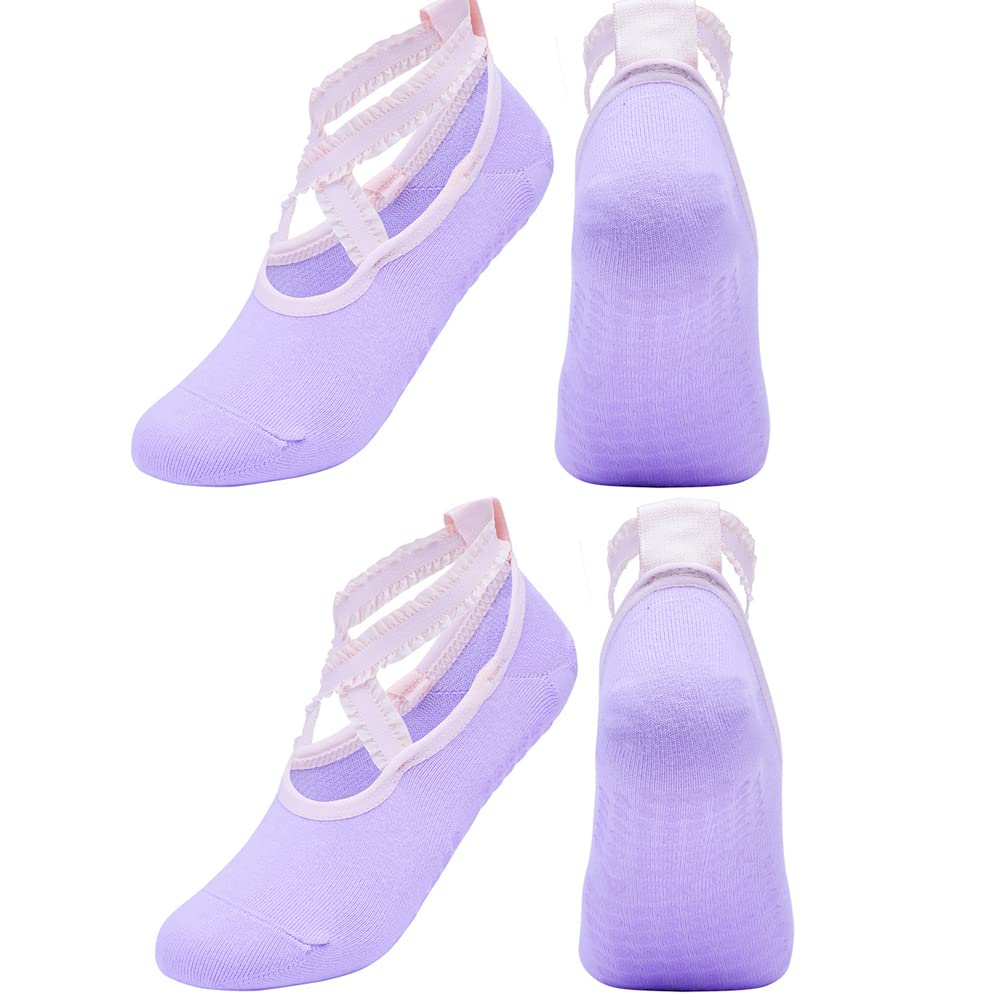 POKEAT 2Pair Women Lace Breathable Pilates Socks Silicone Anti Slip Bandage Ballet Dance Cotton Sports Sock Backless Fitness Yoga Socks,Purple