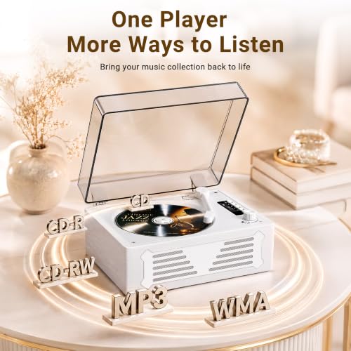 Image of Retro CD Player with Speakers Bluetooth in & Out White Wood Grain