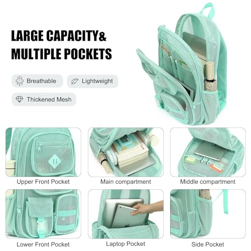 Mesh Backpack for Boys Girls Adults, Heavy Duty See Through School Bookbag for Outdoor, Beach, Swimming, Travel (Mint Green)3