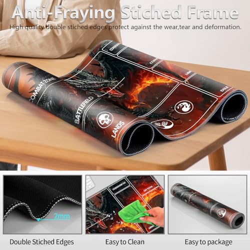 Image of for MTG Playmat with Card Storage Bag,Non-Slip Rubber Base & Smooth Surface 27.6x15.7in,Beginner-Friendly Magic Mat for Commander Deck,Flame Black Dragon