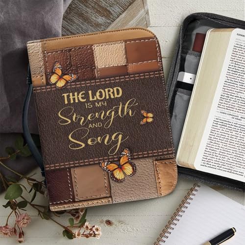 Portable Bible Cover Bag Large Study Bible Carrying Case for Women Men, The Lord Is My Strength And My Song, Bible Bag Organizer with Handle & Zipper 2XL3