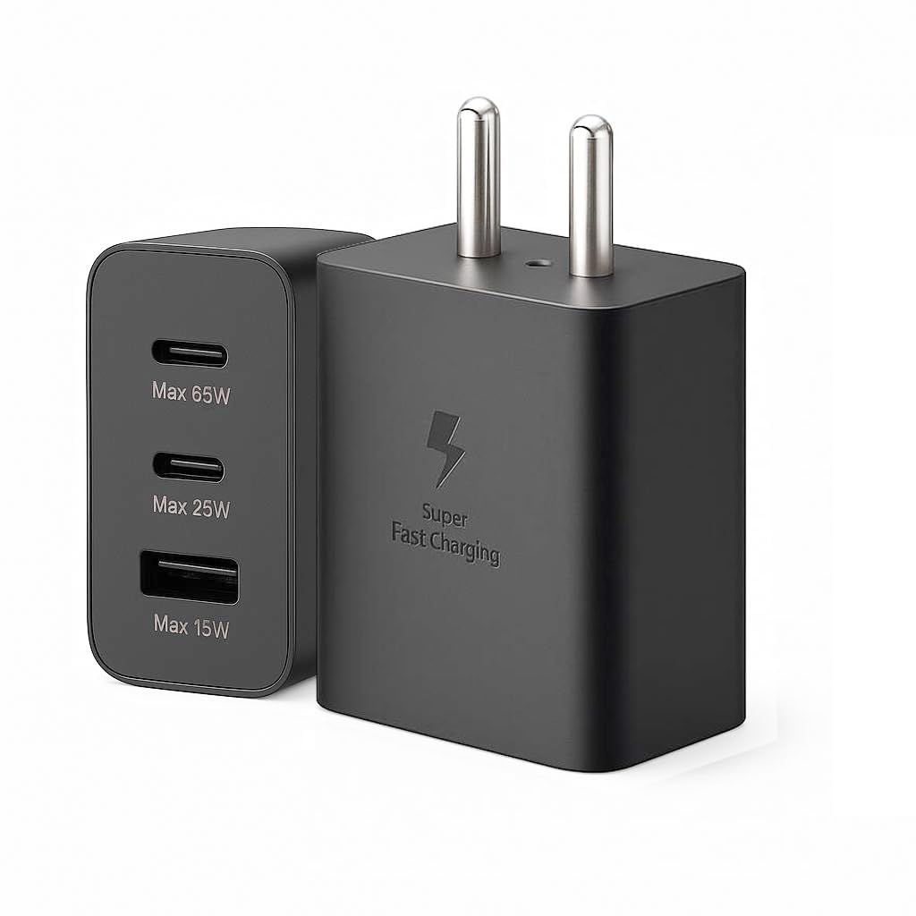 Samsung 65W Trio Port Super Fast Charger True 65W Max Charging Adapter Compatible for Samsung Galaxy Fold 2, 3, 4 / Note/S 22, S23, S23 Ultra/Plus/M Series (Black)